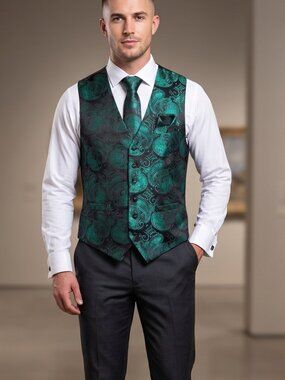 NWT | Men's Emerald Green Paisley Vest Tie Pocket Square Cufflinks Set Medium